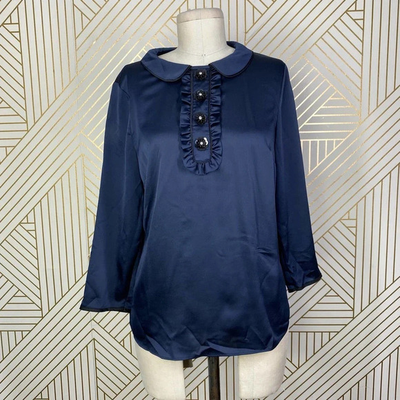 Boden Sophia Sequin Collared 3/4 Sleeve Blouse Top in Navy Blue Size US 6 - Picture 10 of 12
